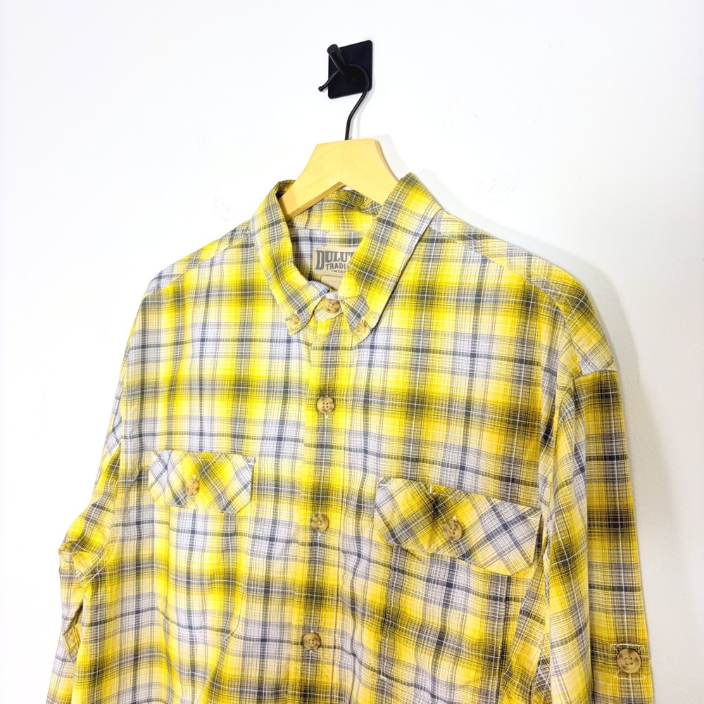 Duluth Trading Large Plaid Long Sleeve Button Up Shirt 100% Polyester Yellow‎